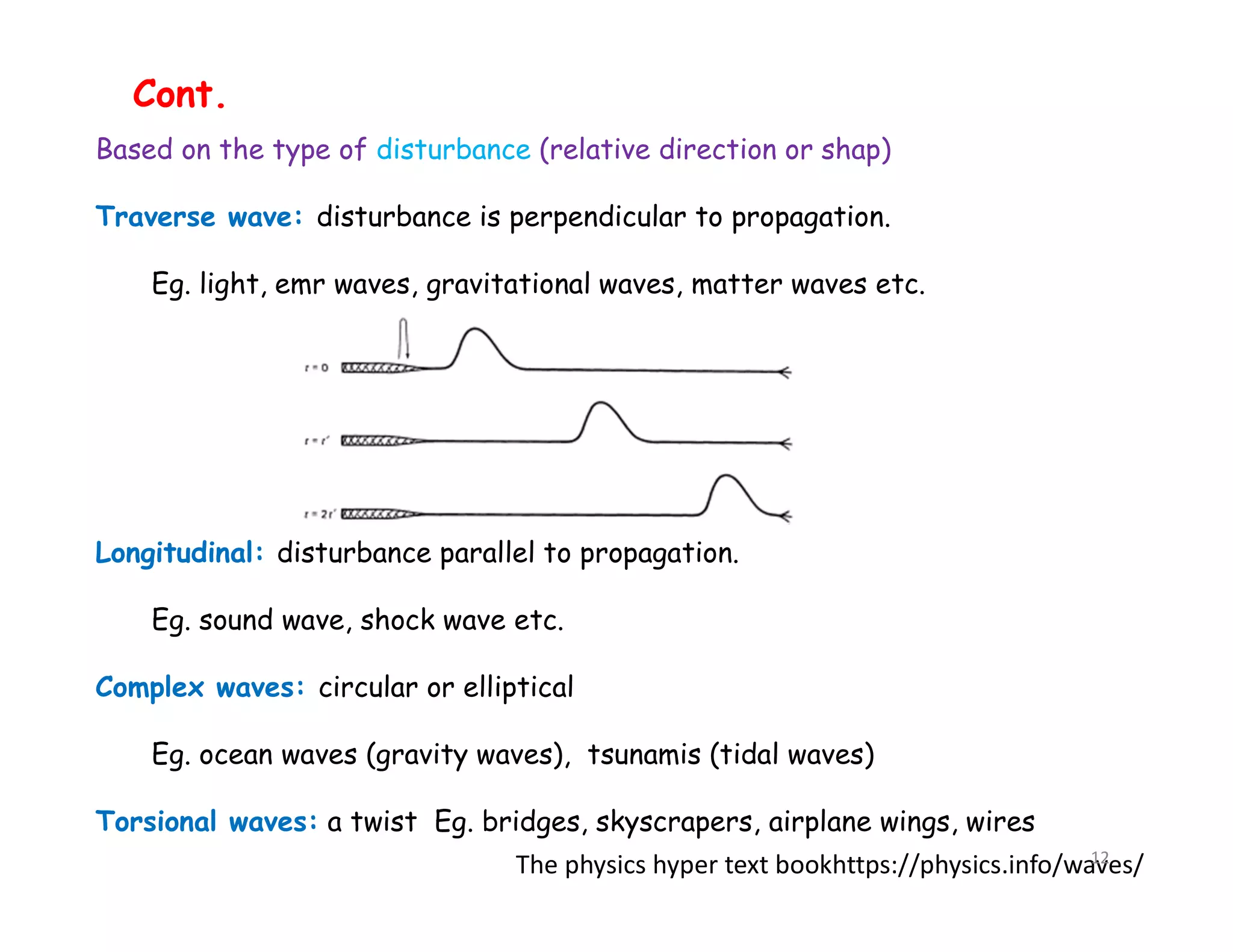 Based on the type of disturbance (relative direction or shap)
Traverse wave: disturbance is perpendicular to propagation.
Eg. light, emr waves, gravitational waves, matter waves etc.
Longitudinal: disturbance parallel to propagation.
Eg. sound wave, shock wave etc.
Complex waves: circular or elliptical
Eg. ocean waves (gravity waves), tsunamis (tidal waves)
Torsional waves: a twist Eg. bridges, skyscrapers, airplane wings, wires
Cont.
The physics hyper text bookhttps://physics.info/waves/
12
 