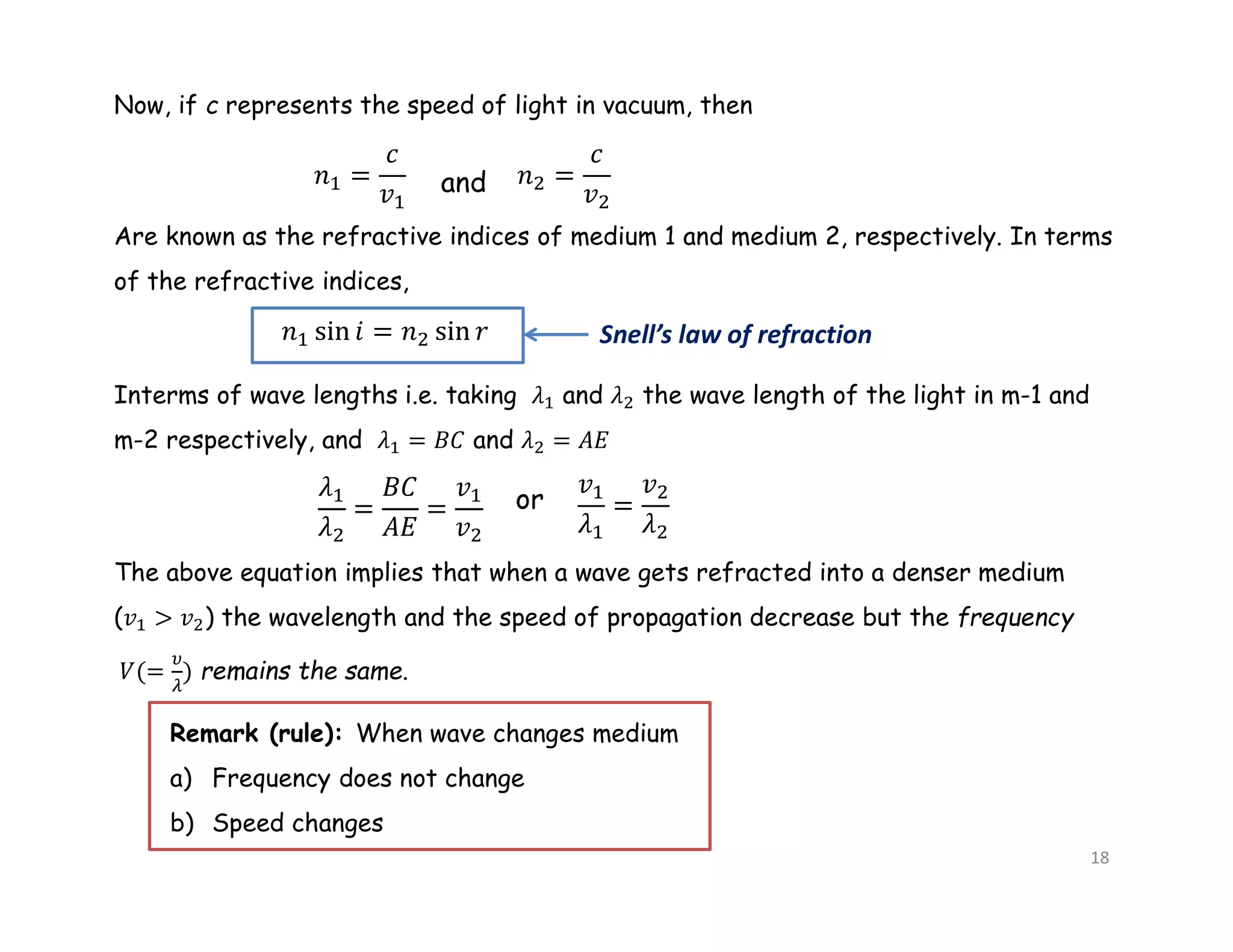 Now, if c represents the speed of light in vacuum, then
and
Are known as the refractive indices of medium 1 and medium 2, respectively. In terms
of the refractive indices,
Snell’s law of refraction
Interms of wave lengths i.e. taking 𝜆 and 𝜆 the wave length of the light in m-1 and
m-2 respectively, and 𝜆 = 𝐵𝐶 and 𝜆 = 𝐴𝐸
or
The above equation implies that when a wave gets refracted into a denser medium
(𝑣 > 𝑣 ) the wavelength and the speed of propagation decrease but the frequency
𝑉(= ) remains the same.
Remark (rule): When wave changes medium
a) Frequency does not change
b) Speed changes
18
 