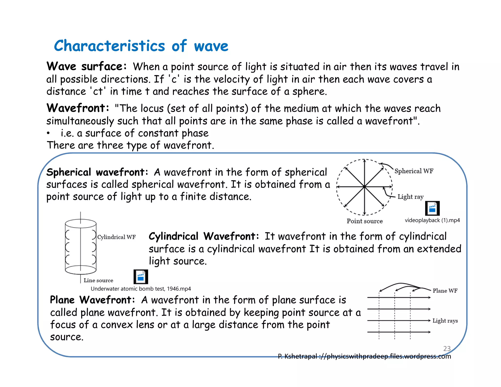 Wave surface: When a point source of light is situated in air then its waves travel in
all possible directions. If 'c' is the velocity of light in air then each wave covers a
distance 'ct' in time t and reaches the surface of a sphere.
Characteristics of wave
Wavefront: "The locus (set of all points) of the medium at which the waves reach
simultaneously such that all points are in the same phase is called a wavefront".
• i.e. a surface of constant phase
There are three type of wavefront.
Spherical wavefront: A wavefront in the form of spherical
surfaces is called spherical wavefront. It is obtained from a
point source of light up to a finite distance.
Cylindrical Wavefront: It wavefront in the form of cylindrical
surface is a cylindrical wavefront It is obtained from an extended
light source.
Plane Wavefront: A wavefront in the form of plane surface is
called plane wavefront. It is obtained by keeping point source at a
focus of a convex lens or at a large distance from the point
source.
P. Kshetrapal ://physicswithpradeep.files.wordpress.com
videoplayback (1).mp4
Underwater atomic bomb test, 1946.mp4
23
 