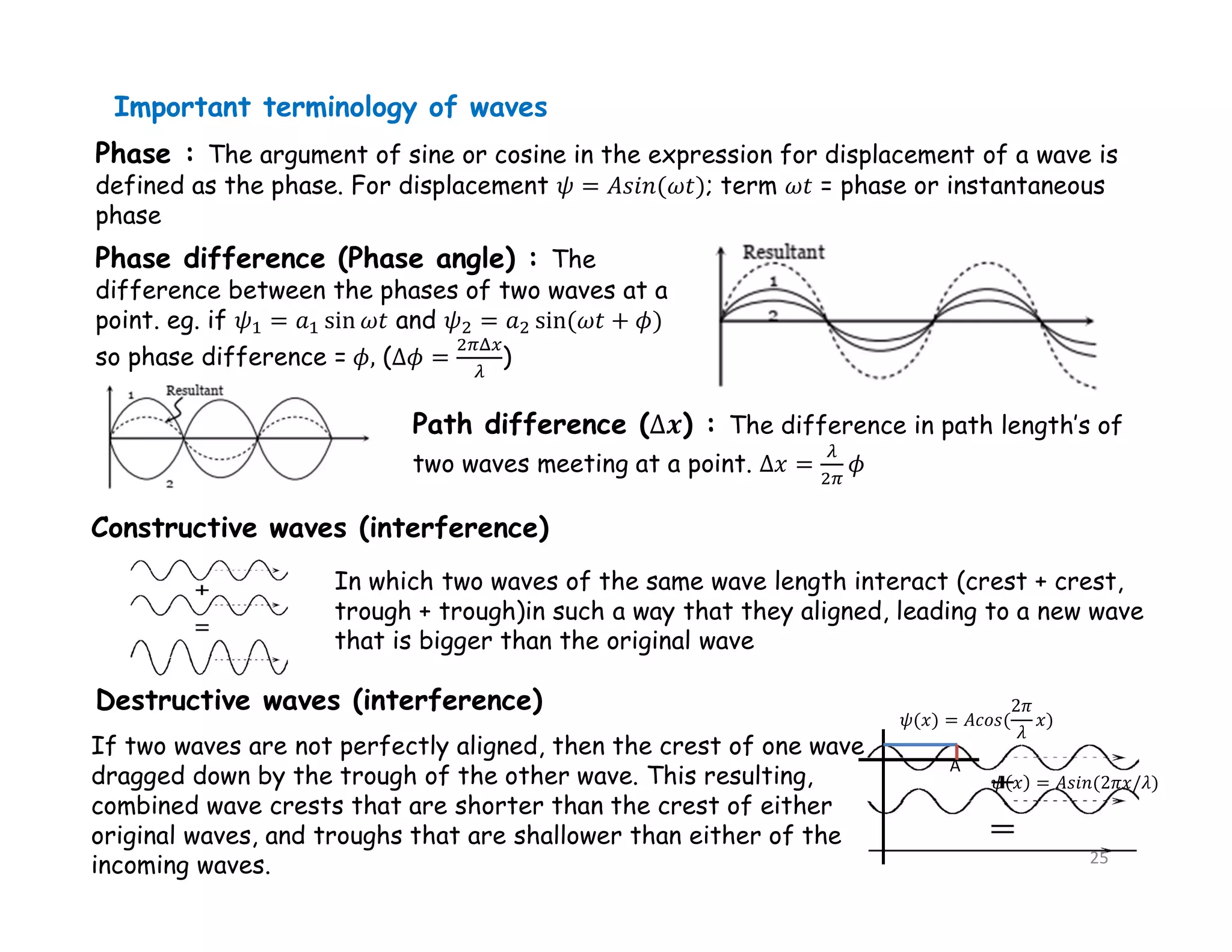 Important terminology of waves
Phase : The argument of sine or cosine in the expression for displacement of a wave is
defined as the phase. For displacement 𝜓 = 𝐴𝑠𝑖𝑛(𝜔𝑡); term 𝜔𝑡 = phase or instantaneous
phase
Phase difference (Phase angle) : The
difference between the phases of two waves at a
point. eg. if 𝜓 = 𝑎 sin 𝜔𝑡 and 𝜓 = 𝑎 sin(𝜔𝑡 + 𝜙)
so phase difference = 𝜙, (Δ𝜙 = )
Path difference ( ) : The difference in path length’s of
two waves meeting at a point. ∆𝑥 = 𝜙
Constructive waves (interference)
Destructive waves (interference)
In which two waves of the same wave length interact (crest + crest,
trough + trough)in such a way that they aligned, leading to a new wave
that is bigger than the original wave
𝜓(𝑥) = 𝐴𝑐𝑜𝑠(
2𝜋
𝜆
𝑥)
A
𝜓 𝑥 = 𝐴𝑠𝑖𝑛(2𝜋𝑥/𝜆)
If two waves are not perfectly aligned, then the crest of one wave
dragged down by the trough of the other wave. This resulting,
combined wave crests that are shorter than the crest of either
original waves, and troughs that are shallower than either of the
incoming waves. 25
 