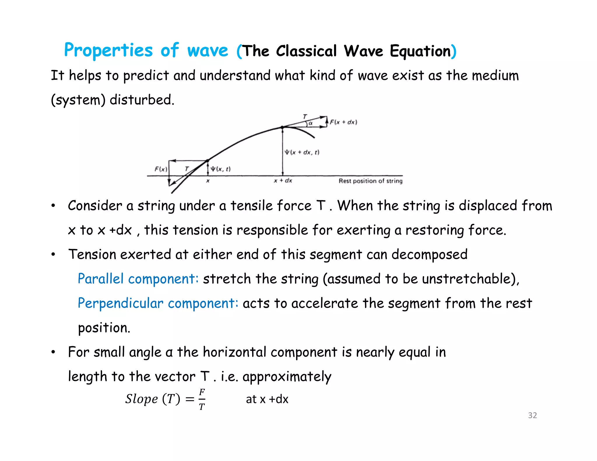 Properties of wave (The Classical Wave Equation)
It helps to predict and understand what kind of wave exist as the medium
(system) disturbed.
• Consider a string under a tensile force T . When the string is displaced from
x to x +dx , this tension is responsible for exerting a restoring force.
• Tension exerted at either end of this segment can decomposed
Parallel component: stretch the string (assumed to be unstretchable),
Perpendicular component: acts to accelerate the segment from the rest
position.
• For small angle α the horizontal component is nearly equal in
length to the vector T . i.e. approximately
at x +dx
32
 