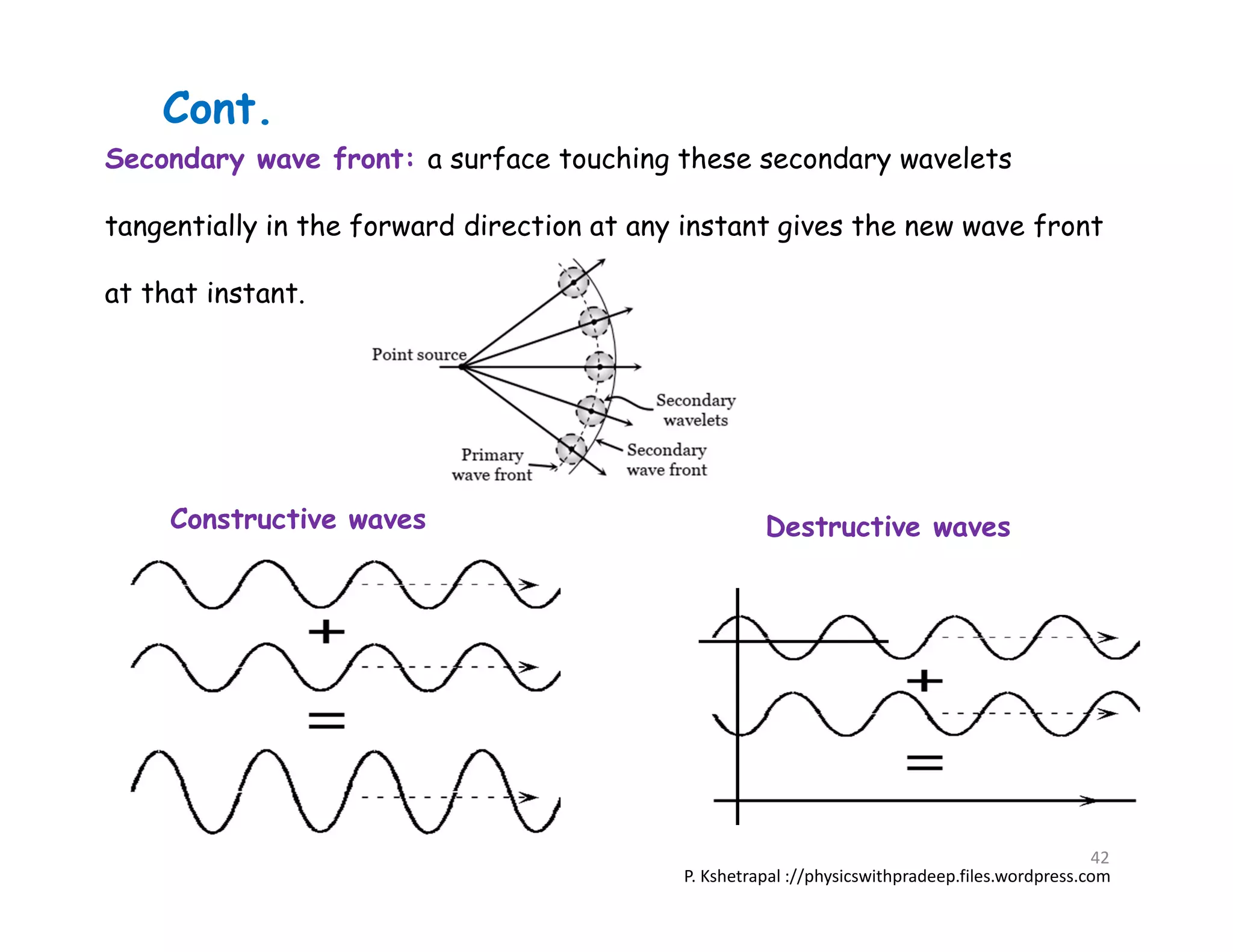 Secondary wave front: a surface touching these secondary wavelets
tangentially in the forward direction at any instant gives the new wave front
at that instant.
P. Kshetrapal ://physicswithpradeep.files.wordpress.com
Constructive waves Destructive waves
Cont.
42
 