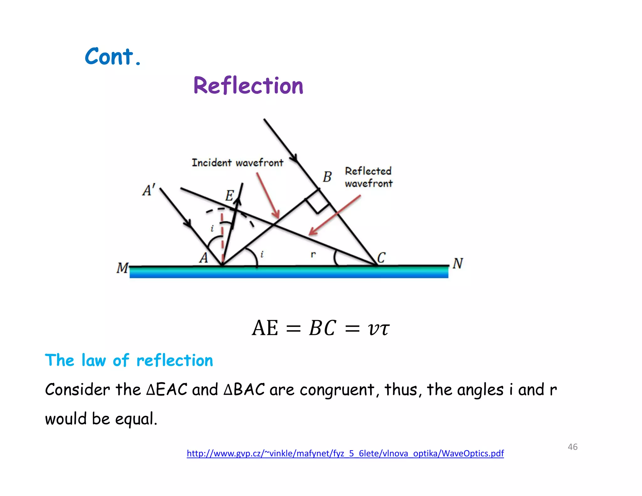 Reflection
The law of reflection
Consider the EAC and BAC are congruent, thus, the angles i and r
would be equal.
Cont.
http://www.gvp.cz/~vinkle/mafynet/fyz_5_6lete/vlnova_optika/WaveOptics.pdf
46
 