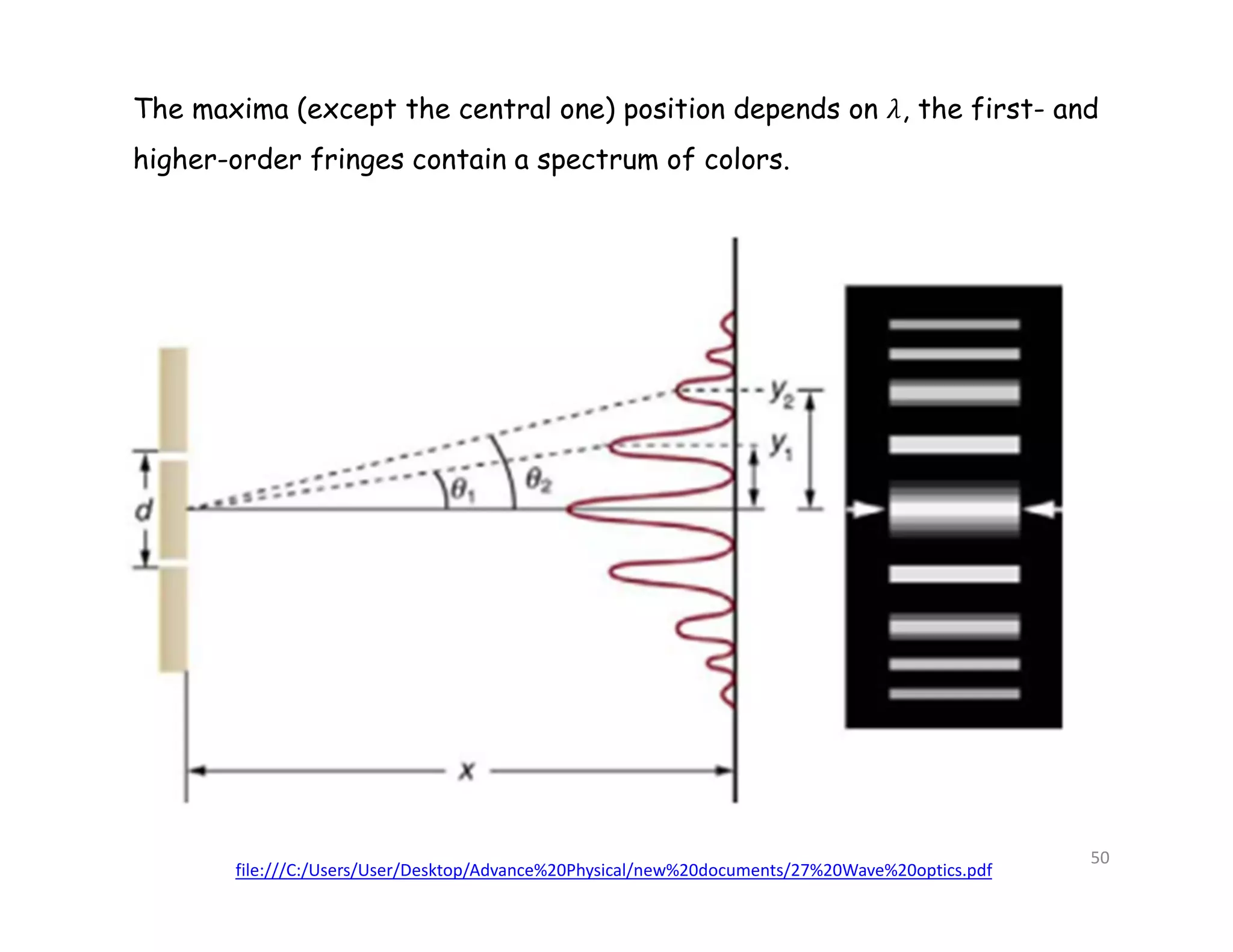 file:///C:/Users/User/Desktop/Advance%20Physical/new%20documents/27%20Wave%20optics.pdf
The maxima (except the central one) position depends on , the first- and
higher-order fringes contain a spectrum of colors.
50
 