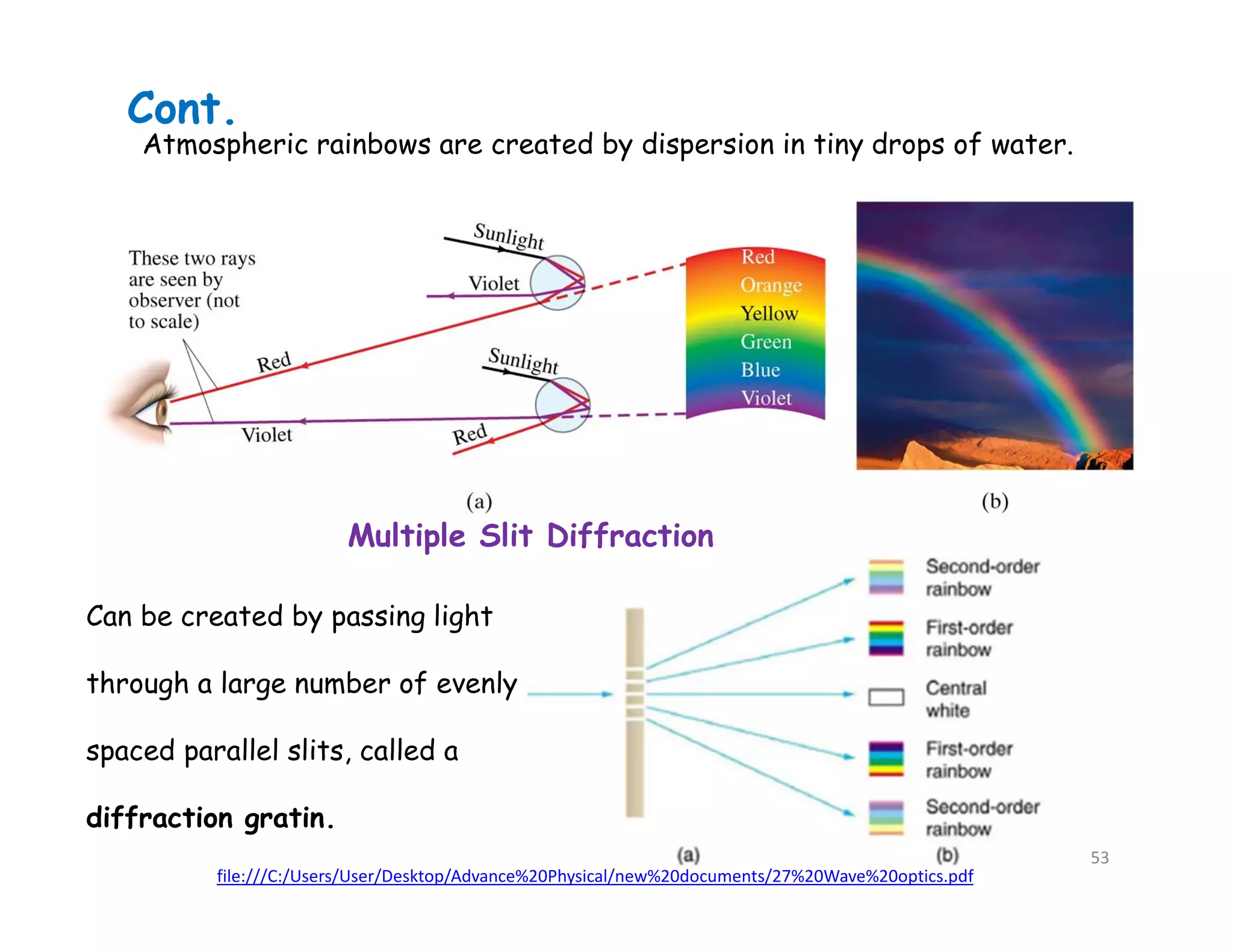Atmospheric rainbows are created by dispersion in tiny drops of water.
Multiple Slit Diffraction
file:///C:/Users/User/Desktop/Advance%20Physical/new%20documents/27%20Wave%20optics.pdf
Can be created by passing light
through a large number of evenly
spaced parallel slits, called a
diffraction gratin.
Cont.
53
 