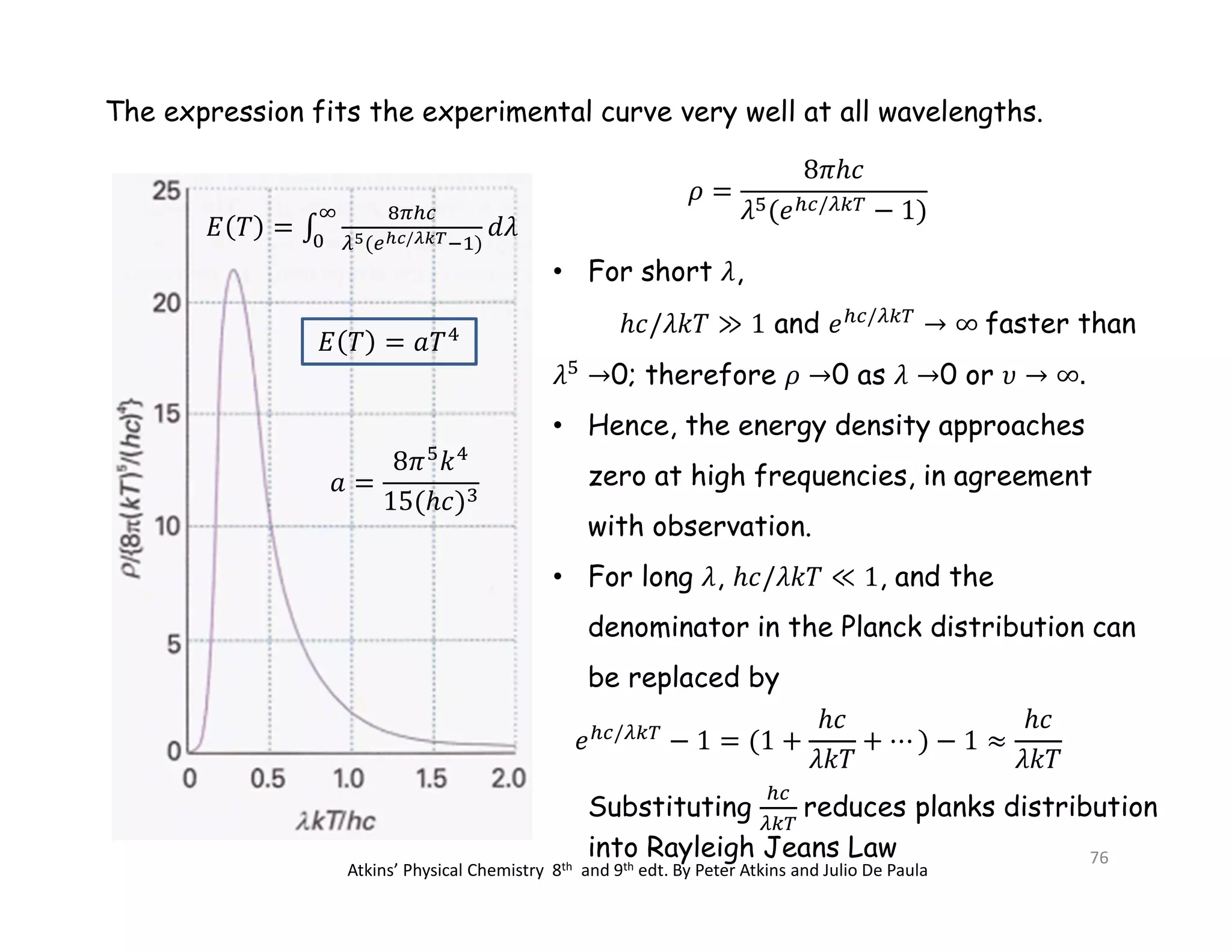 /
• For short ,
and / faster than
0; therefore 0 as 0 or
• Hence, the energy density approaches
zero at high frequencies, in agreement
with observation.
• For long , , and the
denominator in the Planck distribution can
be replaced by
The expression fits the experimental curve very well at all wavelengths.
/
Atkins’ Physical Chemistry 8th and 9th edt. By Peter Atkins and Julio De Paula
Substituting reduces planks distribution
into Rayleigh Jeans Law
( / )
76
 