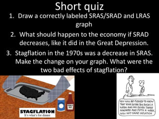 Short quiz
1. Draw a correctly labeled SRAS/SRAD and LRAS
graph
2. What should happen to the economy if SRAD
decreases, like it did in the Great Depression.
3. Stagflation in the 1970s was a decrease in SRAS.
Make the change on your graph. What were the
two bad effects of stagflation?
 