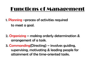 Functions of Management
1. Planning –process of activities required
to meet a goal.
2. Organizing – making orderly determination &
arrangement of a task.
3. Commanding(Directing) – involves guiding,
supervising, motivating & leading people for
attainment of the time-oriented tasks.

 
