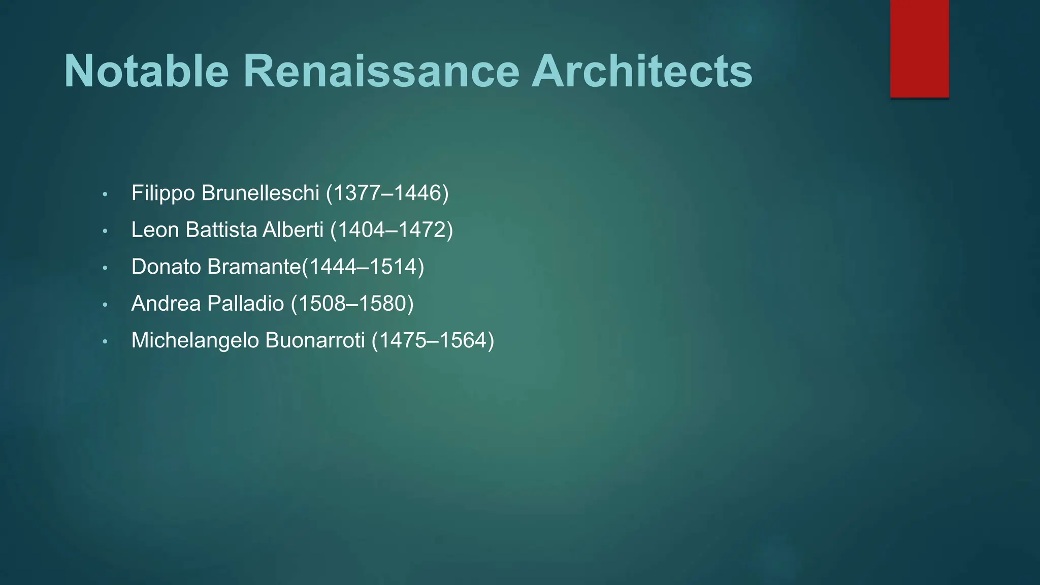 Notable Renaissance Architects
• Filippo Brunelleschi (1377–1446)
• Leon Battista Alberti (1404–1472)
• Donato Bramante(1444–1514)
• Andrea Palladio (1508–1580)
• Michelangelo Buonarroti (1475–1564)
 