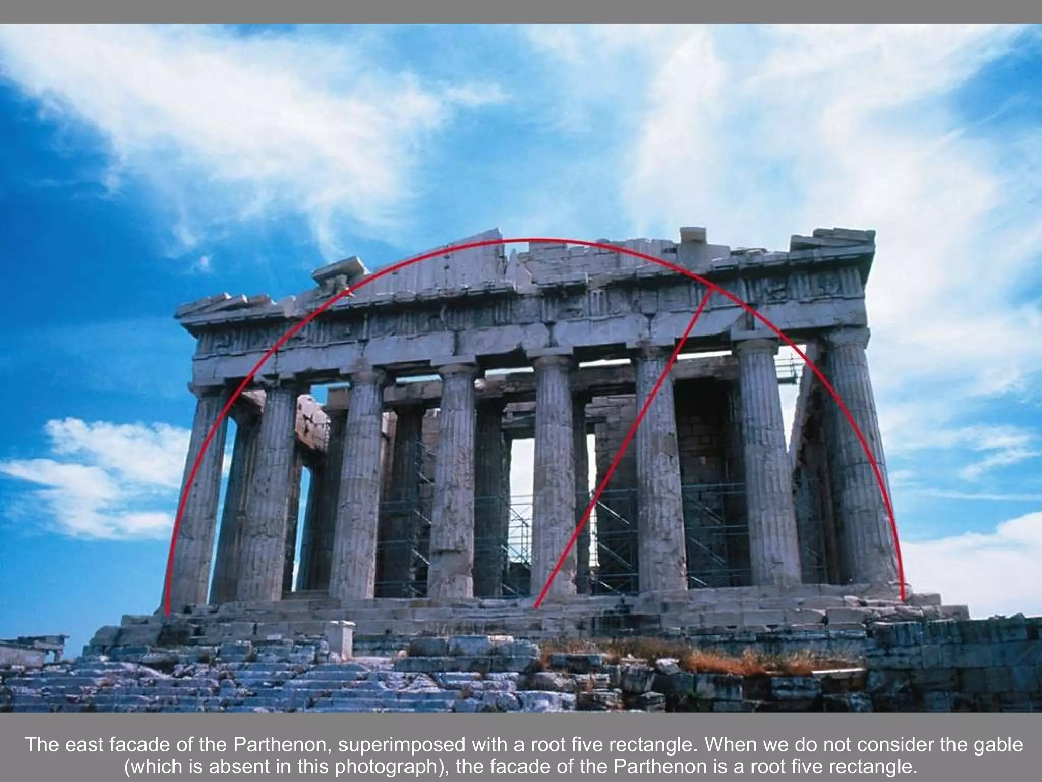 The east facade of the Parthenon, superimposed with a root five rectangle. When we do not consider the gable (which is absent in this photograph), the facade of the Parthenon is a root five rectangle. 