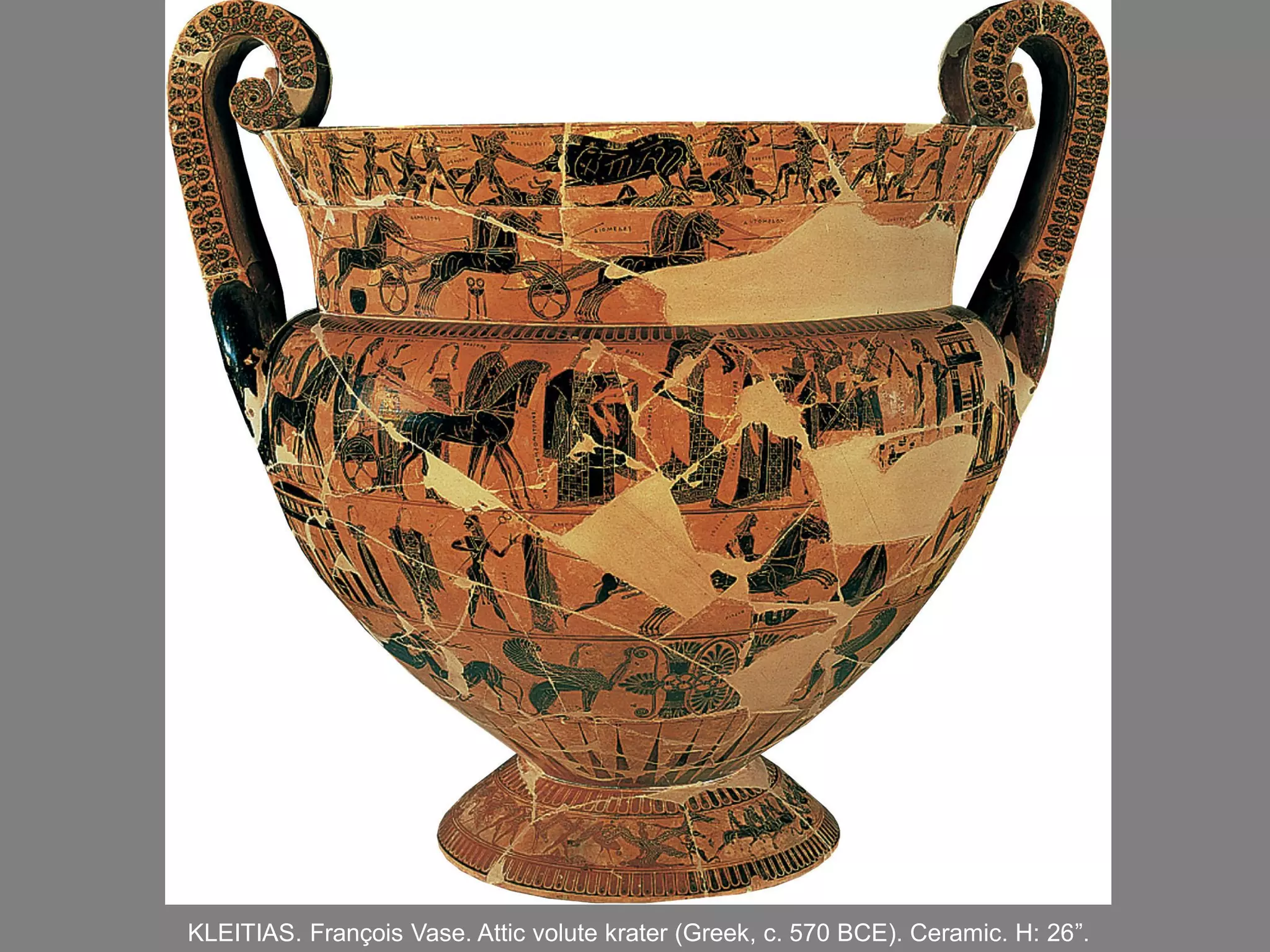 KLEITIAS. François Vase. Attic volute krater (Greek, c. 570 BCE). Ceramic. H: 26”.
 