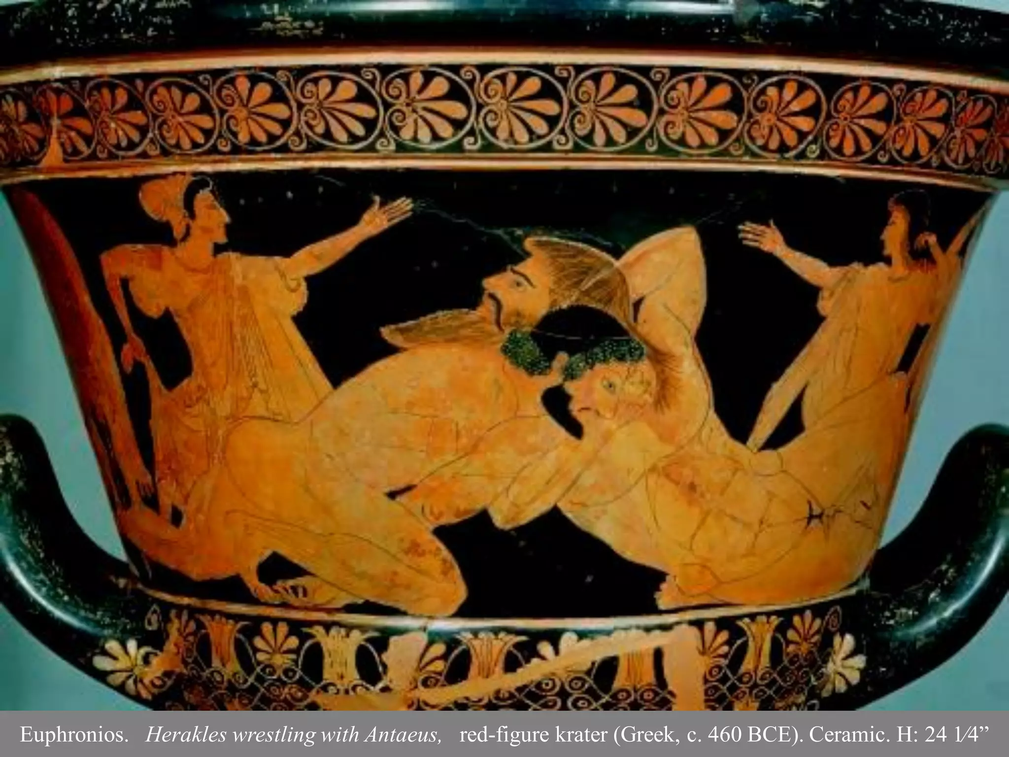 Euphronios. Herakles wrestling with Antaeus, red-figure krater (Greek, c. 460 BCE). Ceramic. H: 24 1⁄4”
 