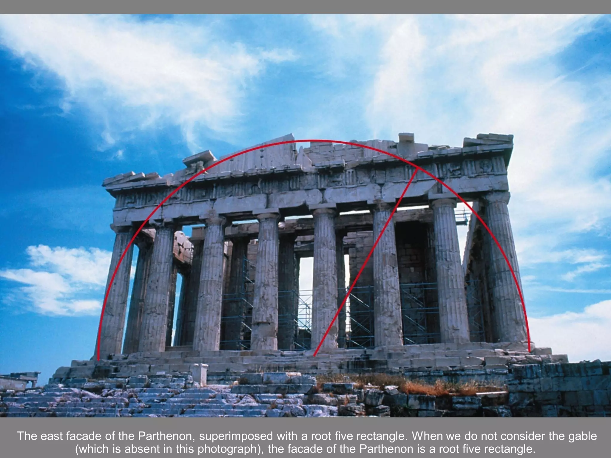 The east facade of the Parthenon, superimposed with a root five rectangle. When we do not consider the gable
           (which is absent in this photograph), the facade of the Parthenon is a root five rectangle.
 