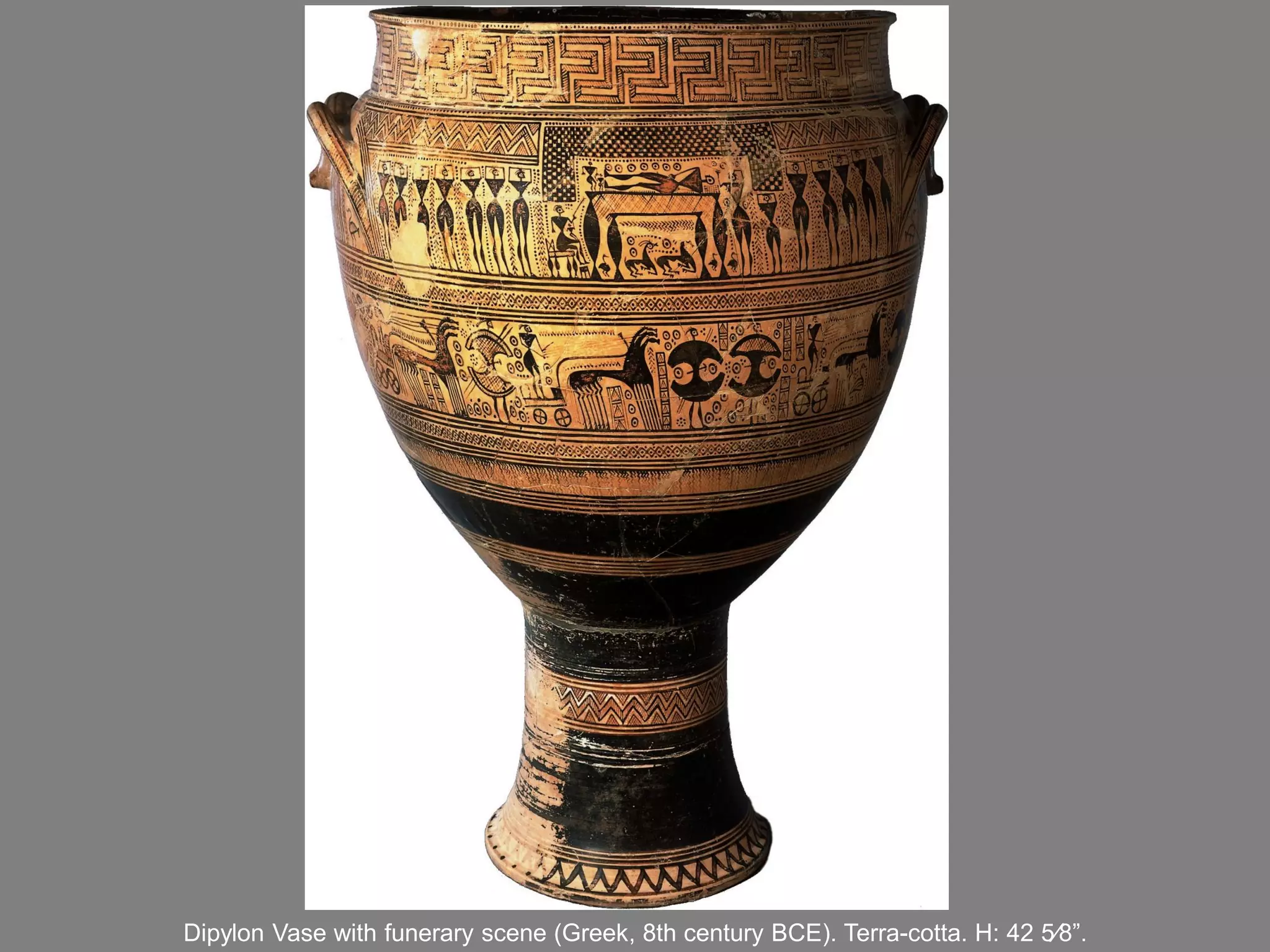 Dipylon Vase with funerary scene (Greek, 8th century BCE). Terra-cotta. H: 42 5⁄8”.
 
