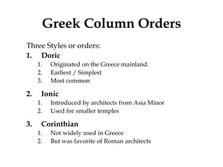 Greek Column Orders
Three Styles or orders:
1. Doric
     1.   Originated on the Greece mainland.
     2.   Earliest / Simplest
     3.   Most common

2.    Ionic
     1.   Introduced by architects from Asia Minor
     2.   Used for smaller temples

3.    Corinthian
     1.   Not widely used in Greece
     2.   But was favorite of Roman architects
 