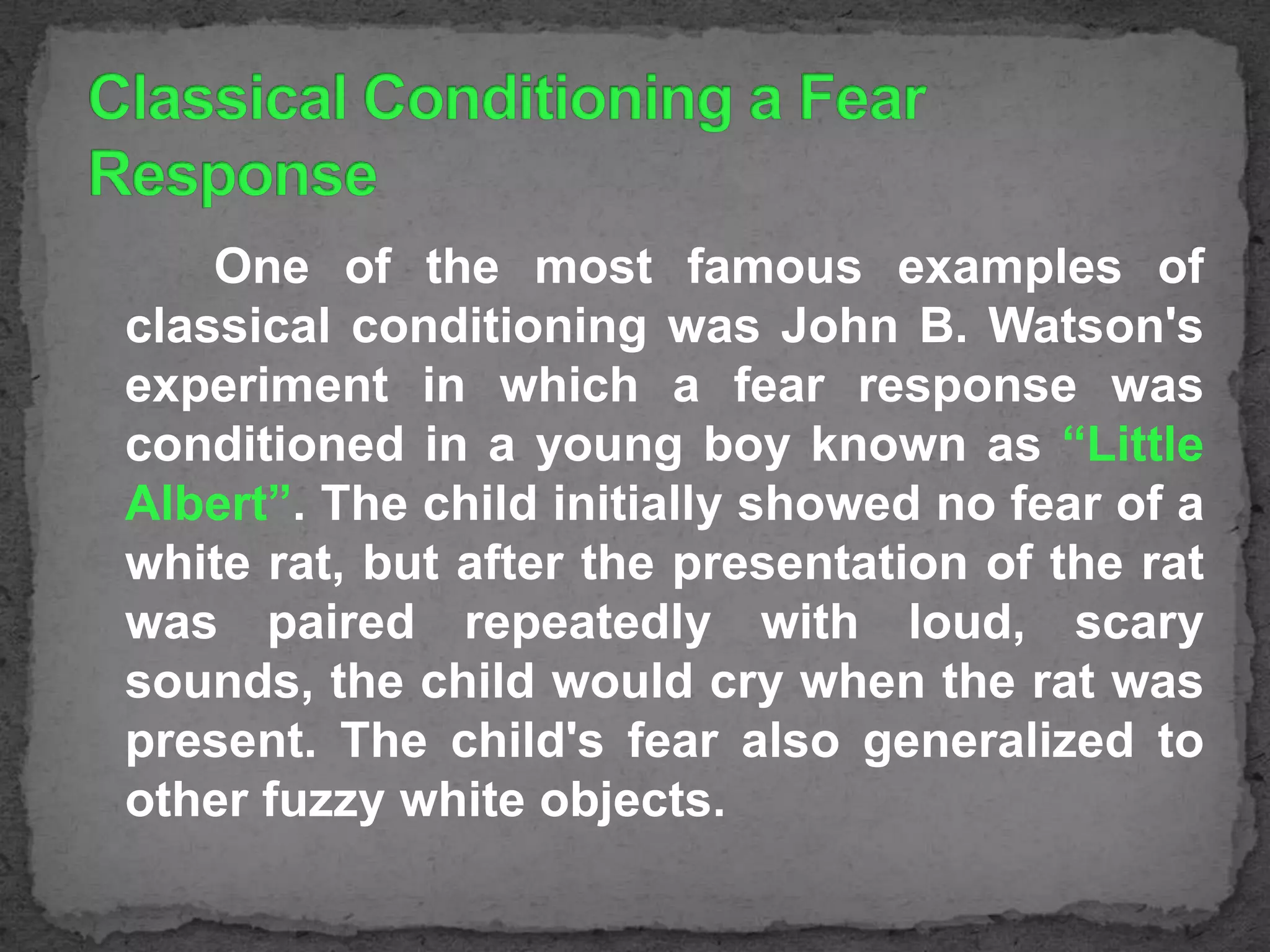 One of the most famous examples of
classical conditioning was John B. Watson's
experiment in which a fear response was
conditioned in a young boy known as “Little
Albert”. The child initially showed no fear of a
white rat, but after the presentation of the rat
was paired repeatedly with loud, scary
sounds, the child would cry when the rat was
present. The child's fear also generalized to
other fuzzy white objects.

 