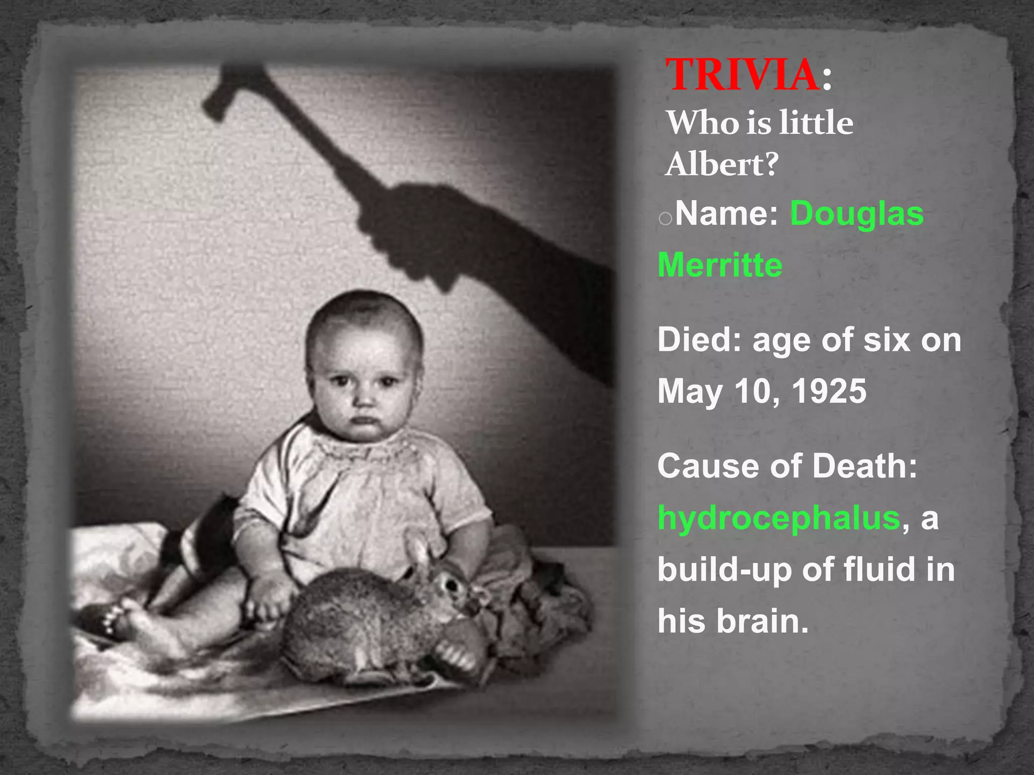 TRIVIA:
Who is little
Albert?
oName: Douglas

Merritte
Died: age of six on
May 10, 1925

Cause of Death:
hydrocephalus, a
build-up of fluid in
his brain.

 