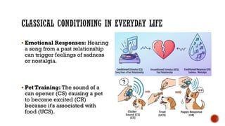 ▪ Emotional Responses: Hearing
a song from a past relationship
can trigger feelings of sadness
or nostalgia.
▪ Pet Training: The sound of a
can opener (CS) causing a pet
to become excited (CR)
because it's associated with
food (UCS).
 