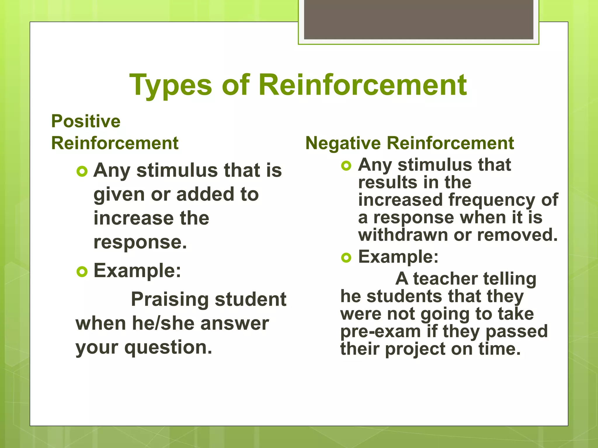 Types of Reinforcement
Positive
Reinforcement
 Any stimulus that is
given or added to
increase the
response.
 Example:
Praising student
when he/she answer
your question.
Negative Reinforcement
 Any stimulus that
results in the
increased frequency of
a response when it is
withdrawn or removed.
 Example:
A teacher telling
he students that they
were not going to take
pre-exam if they passed
their project on time.
 
