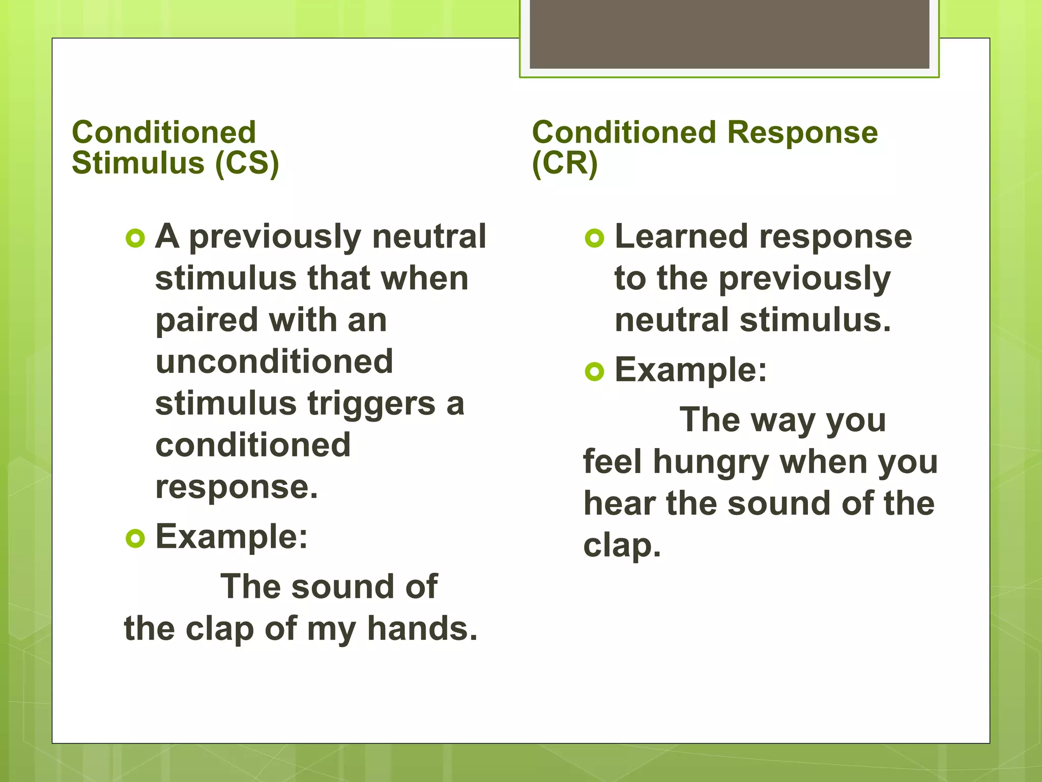 Conditioned
Stimulus (CS)
 A previously neutral
stimulus that when
paired with an
unconditioned
stimulus triggers a
conditioned
response.
 Example:
The sound of
the clap of my hands.
Conditioned Response
(CR)
 Learned response
to the previously
neutral stimulus.
 Example:
The way you
feel hungry when you
hear the sound of the
clap.
 