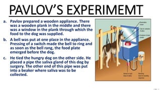 PAVLOV’S EXPERIMEMT
a. Pavlov prepared a wooden appliance. There
was a wooden plank in the middle and there
was a window in the plank through which the
food to the dog was supplied.
b. A bell was put at one place in the appliance.
Pressing of a switch made the bell to ring and
as soon as the bell rang, the food plate
emerged before the dog.
c. He tied the hungry dog on the other side. He
placed a pipe the saliva gland of this dog by
surgery. The other end of this pipe was put
into a beaker where saliva was to be
collected.
 