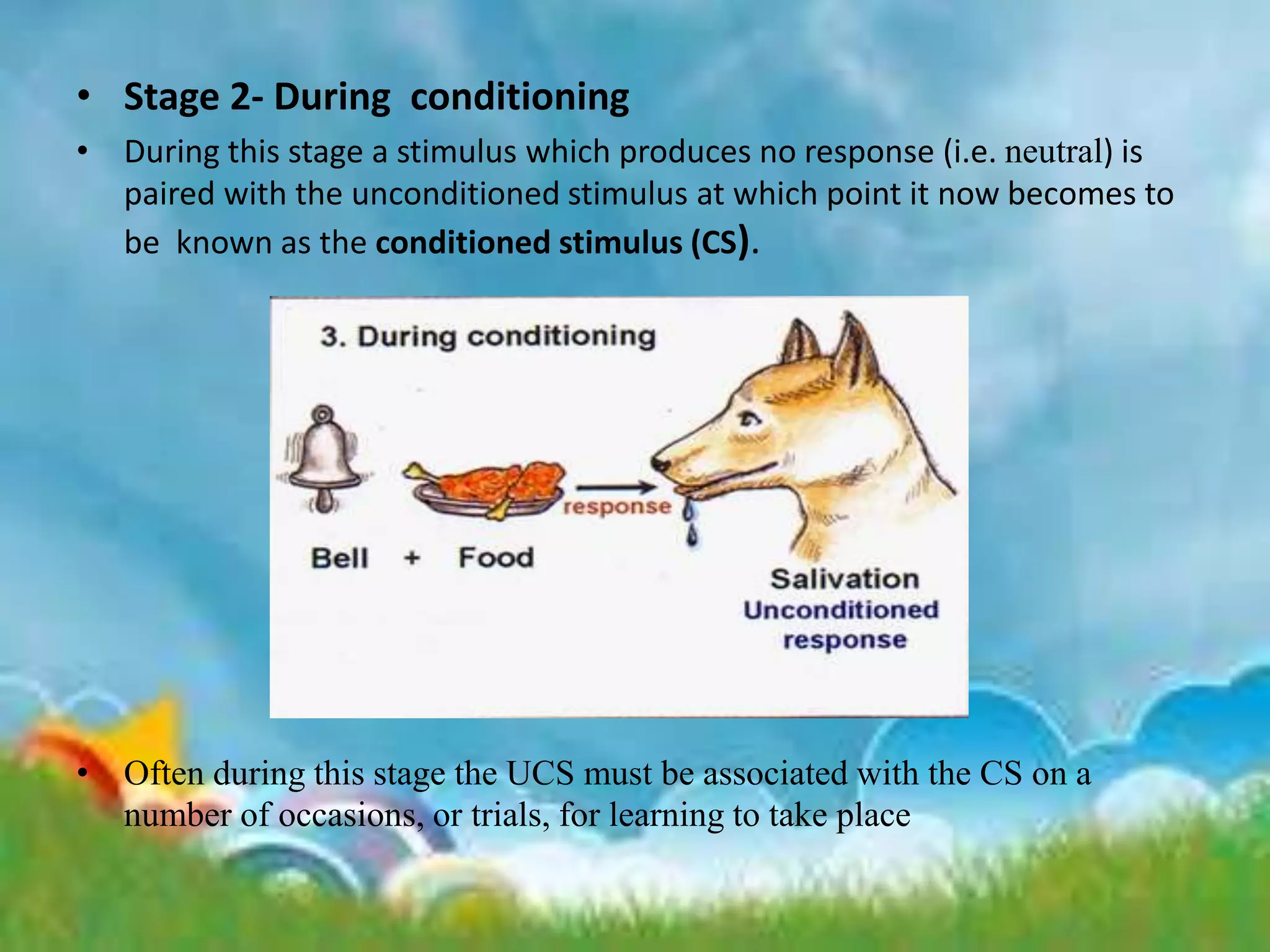 • Stage 2- During conditioning
• During this stage a stimulus which produces no response (i.e. neutral) is
paired with the unconditioned stimulus at which point it now becomes to
be known as the conditioned stimulus (CS).
• Often during this stage the UCS must be associated with the CS on a
number of occasions, or trials, for learning to take place
 