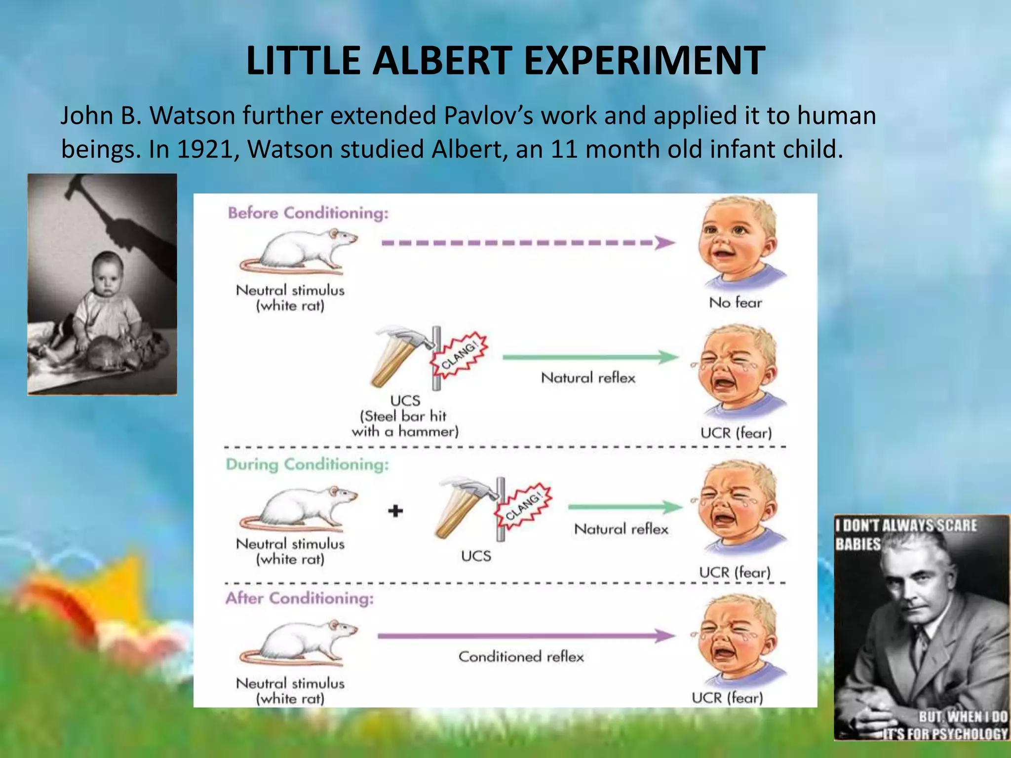 LITTLE ALBERT EXPERIMENT
John B. Watson further extended Pavlov’s work and applied it to human
beings. In 1921, Watson studied Albert, an 11 month old infant child.
 