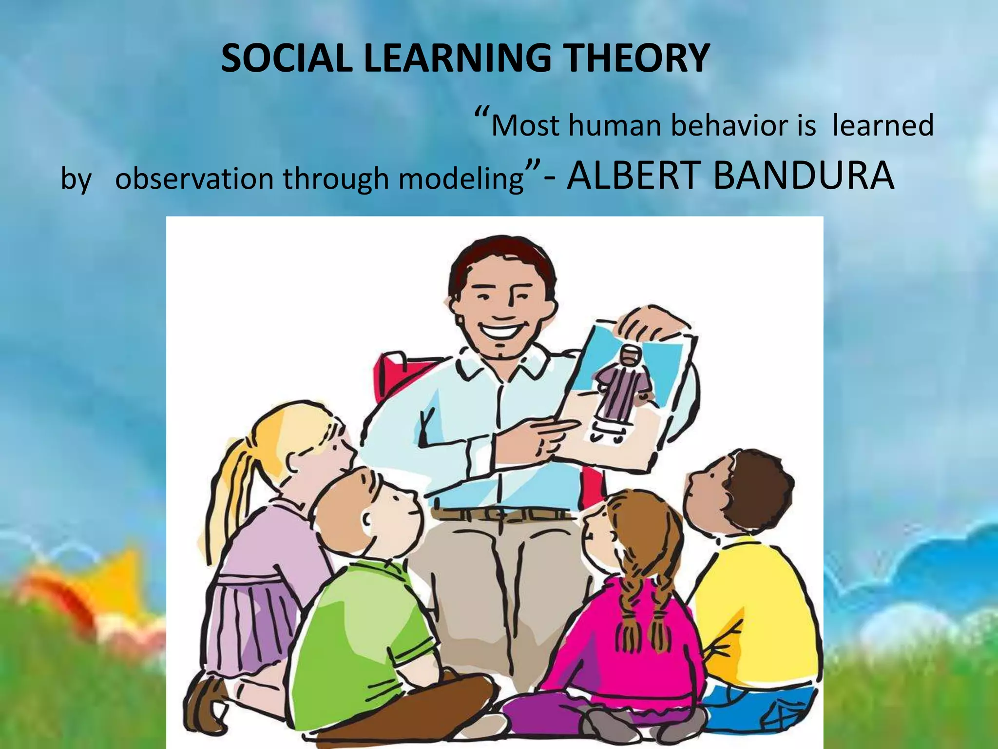 SOCIAL LEARNING THEORY
“Most human behavior is learned
by observation through modeling”- ALBERT BANDURA
 