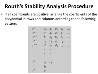 Routh’s Stability Analysis Procedure
• If all coefficients are positive, arrange the coefficients of the
polynomial in rows and columns according to the following
pattern:
 