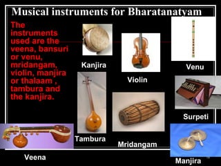 Musical instruments for Bharatanatyam
The
instruments
used are the
veena, bansuri
or venu,
mridangam,
violin, manjira
or thalaam ,
tambura and
the kanjira.
Veena
Venu
Mridangam
15
Manjira
Violin
Kanjira
Tambura
Surpeti
 