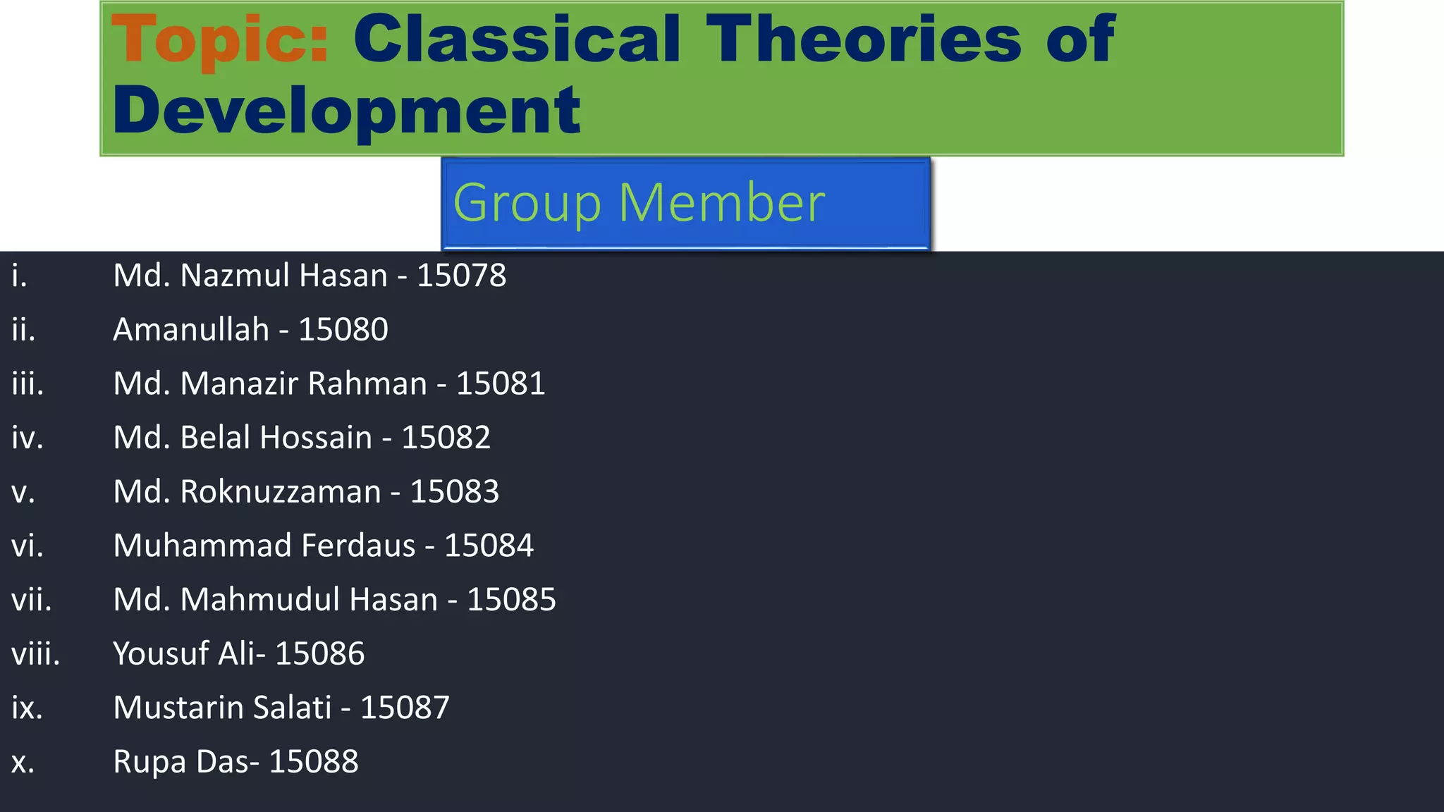 Topic: Classical Theories of
Development
i. Md. Nazmul Hasan - 15078
ii. Amanullah - 15080
iii. Md. Manazir Rahman - 15081
iv. Md. Belal Hossain - 15082
v. Md. Roknuzzaman - 15083
vi. Muhammad Ferdaus - 15084
vii. Md. Mahmudul Hasan - 15085
viii. Yousuf Ali- 15086
ix. Mustarin Salati - 15087
x. Rupa Das- 15088
Group Member
 