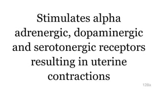 Stimulates alpha
adrenergic, dopaminergic
and serotonergic receptors
resulting in uterine
contractions
128a
 