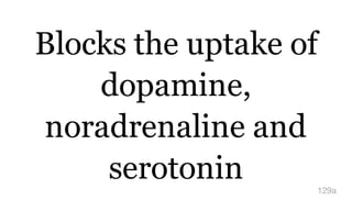 Blocks the uptake of
dopamine,
noradrenaline and
serotonin 129a
 