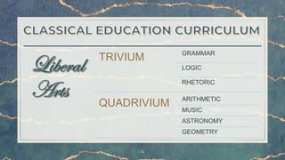 4
TRIVIUM GRAMMAR
LOGIC
RHETORIC
QUADRIVIUM ARITHMETIC
MUSIC
ASTRONOMY
GEOMETRY
 