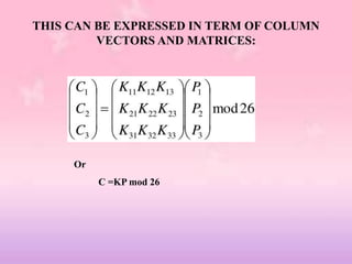 THIS CAN BE EXPRESSED IN TERM OF COLUMN
VECTORS AND MATRICES:
Or
C =KP mod 26
 