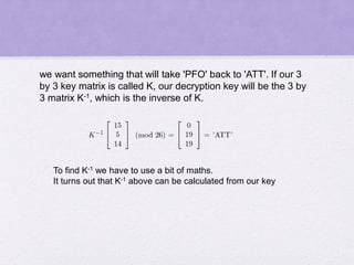 To find K-1 we have to use a bit of maths.
It turns out that K-1 above can be calculated from our key
we want something that will take 'PFO' back to 'ATT'. If our 3
by 3 key matrix is called K, our decryption key will be the 3 by
3 matrix K-1, which is the inverse of K.
 