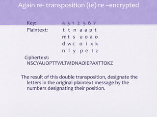 Again re- transposition (ie) re –encrypted
Key: 4 3 1 2 5 6 7
Plaintext: t t n a a p t
m t s u o a o
d w c o i x k
n l y p e t z
Ciphertext:
NSCYAUOPTTWLTMDNAOIEPAXTTOKZ
The result of this double transposition, designate the
letters in the original plaintext message by the
numbers designating their position.
 