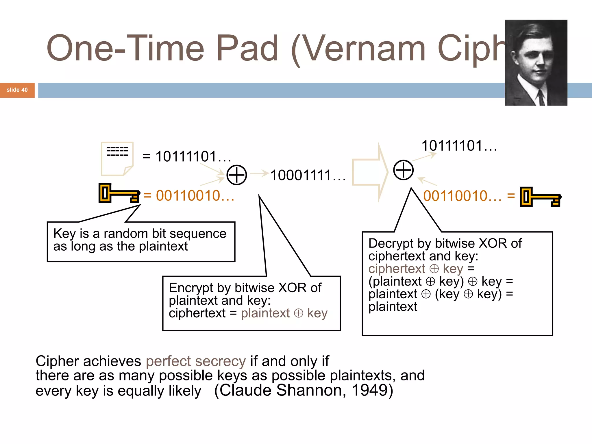slide 40
One-Time Pad (Vernam Cipher)
= 10111101…
---------------
= 00110010…
10001111…
00110010… =

10111101…
Key is a random bit sequence
as long as the plaintext
Encrypt by bitwise XOR of
plaintext and key:
ciphertext = plaintext  key
Decrypt by bitwise XOR of
ciphertext and key:
ciphertext  key =
(plaintext  key)  key =
plaintext  (key  key) =
plaintext
Cipher achieves perfect secrecy if and only if
there are as many possible keys as possible plaintexts, and
every key is equally likely (Claude Shannon, 1949)
 