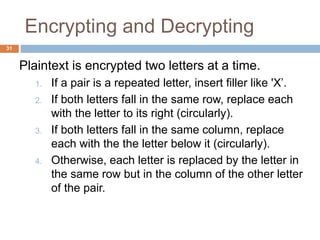 Encrypting and Decrypting
31
Plaintext is encrypted two letters at a time.
1. If a pair is a repeated letter, insert filler like 'X’.
2. If both letters fall in the same row, replace each
with the letter to its right (circularly).
3. If both letters fall in the same column, replace
each with the the letter below it (circularly).
4. Otherwise, each letter is replaced by the letter in
the same row but in the column of the other letter
of the pair.
 