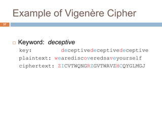 Example of Vigenère Cipher
37
 Keyword: deceptive
key: deceptivedeceptivedeceptive
plaintext: wearediscoveredsaveyourself
ciphertext: ZICVTWQNGRZGVTWAVZHCQYGLMGJ
 