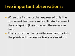 Two important observations:When the F1 plants that expressed only the domonant trait were self-pollinated, some of their offspring (f2) expressed the recessive trait.The ratio of the plants with dominant traits to the plants with recessive traits is almost 3:1