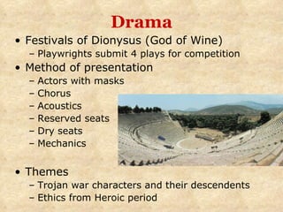 Drama Festivals of Dionysus (God of Wine) Playwrights submit 4 plays for competition Method of presentation Actors with masks Chorus Acoustics Reserved seats Dry seats Mechanics Themes Trojan war characters and their descendents Ethics from Heroic period 