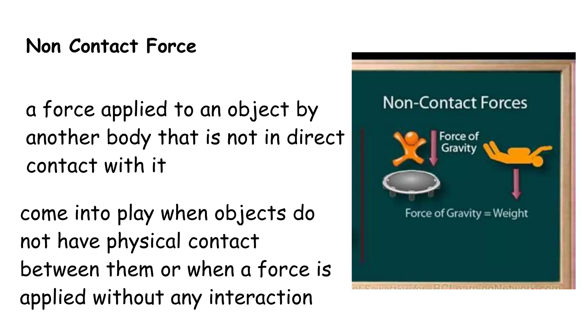 Non Contact Force
a force applied to an object by
another body that is not in direct
contact with it
come into play when objects do
not have physical contact
between them or when a force is
applied without any interaction
 