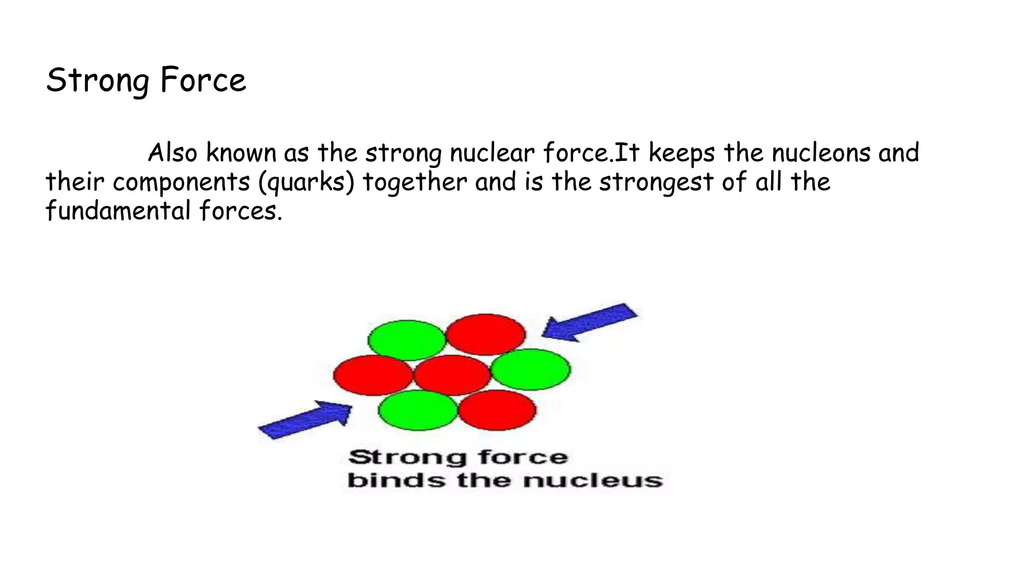 Strong Force
Also known as the strong nuclear force.It keeps the nucleons and
their components (quarks) together and is the strongest of all the
fundamental forces.
 