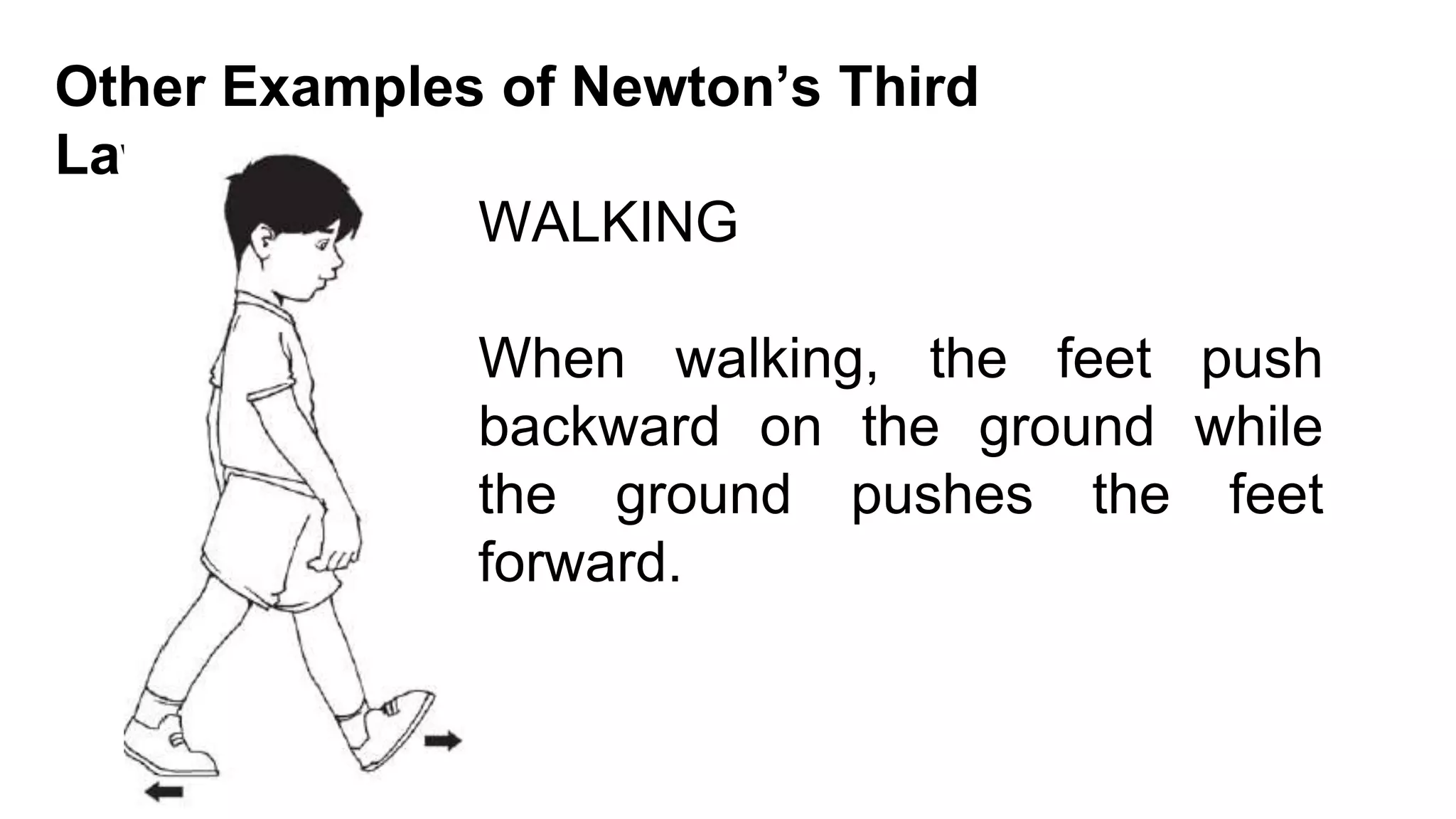 WALKING
When walking, the feet push
backward on the ground while
the ground pushes the feet
forward.
Other Examples of Newton’s Third
Law
 