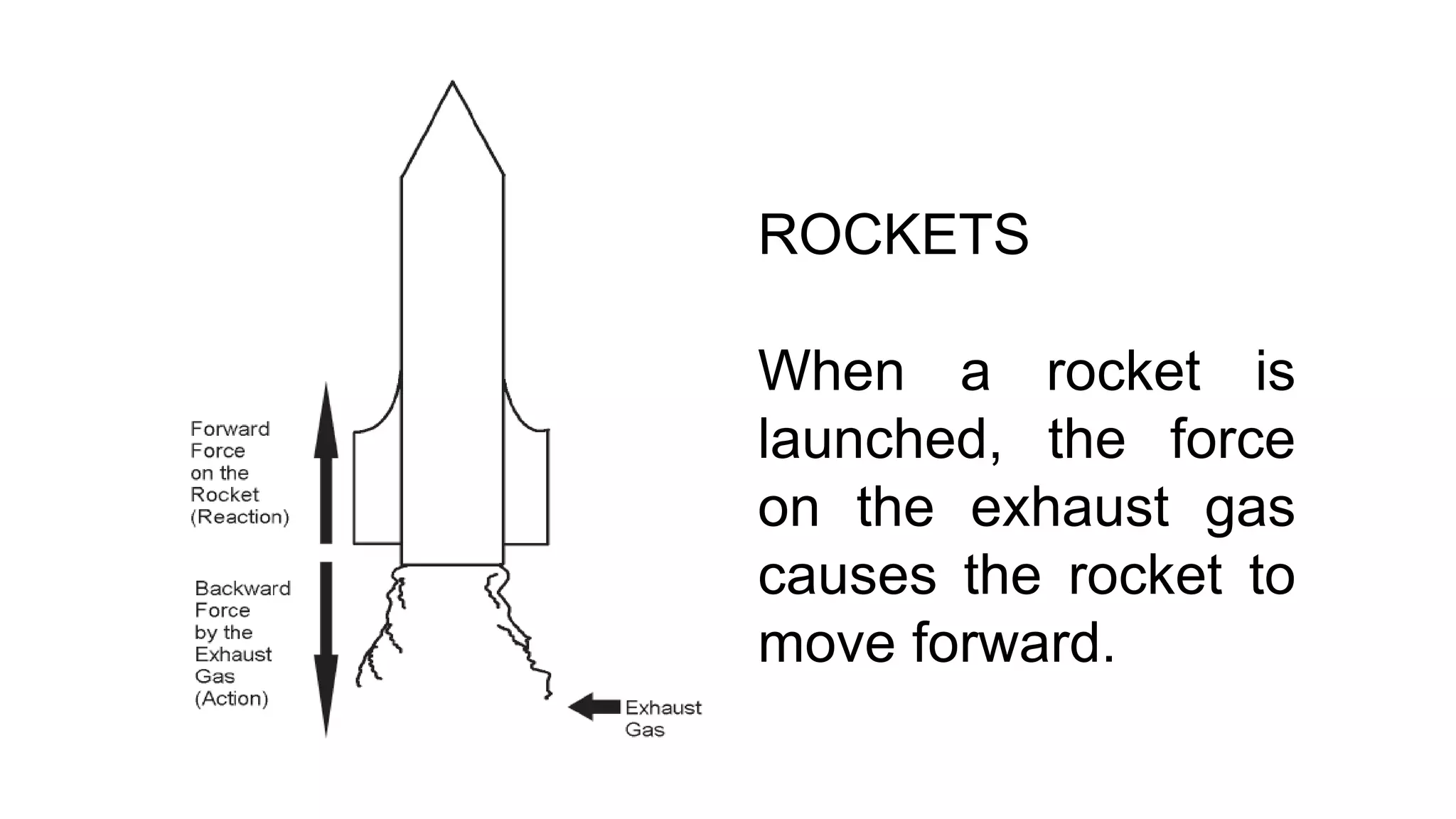ROCKETS
When a rocket is
launched, the force
on the exhaust gas
causes the rocket to
move forward.
 