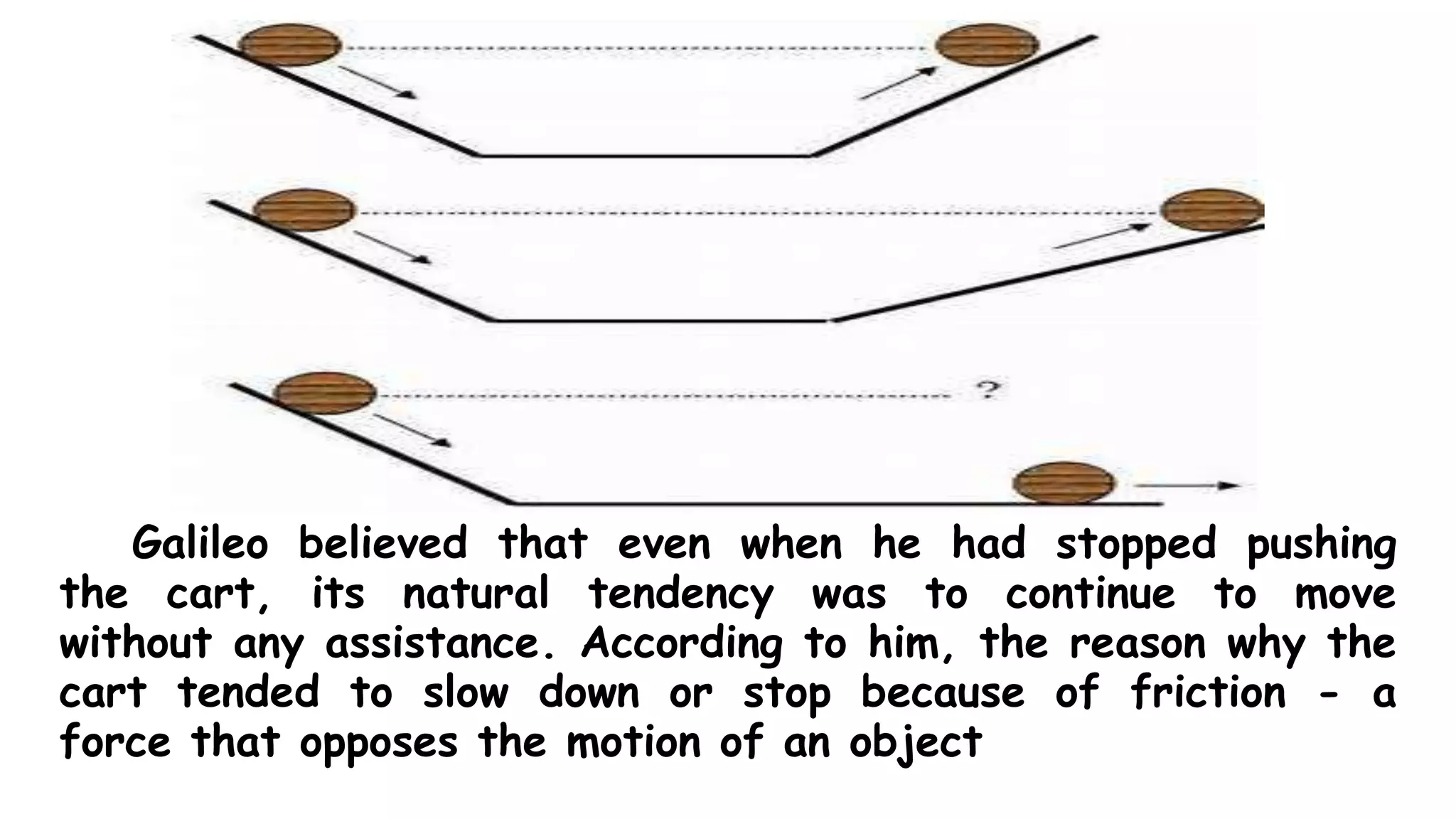 Galileo believed that even when he had stopped pushing
the cart, its natural tendency was to continue to move
without any assistance. According to him, the reason why the
cart tended to slow down or stop because of friction - a
force that opposes the motion of an object
 