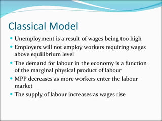 Classical Model Unemployment is a result of wages being too high Employers will not employ workers requiring wages above equilibrium level The demand for labour in the economy is a function of the marginal physical product of labour MPP decreases as more workers enter the labour market The supply of labour increases as wages rise 