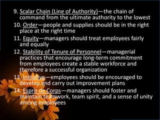 9. Scalar Chain (Line of Authority)—the chain of
command from the ultimate authority to the lowest
10. Order—people and supplies should be in the right
place at the right time
11. Equity—managers should treat employees fairly
and equally
12. Stability of Tenure of Personnel—managerial
practices that encourage long-term commitment
from employees create a stable workforce and
therefore a successful organization
13. Initiative—employees should be encouraged to
develop and carry out improvement plans
14. Esprit de Corps—managers should foster and
maintain teamwork, team spirit, and a sense of unity
among employees
 