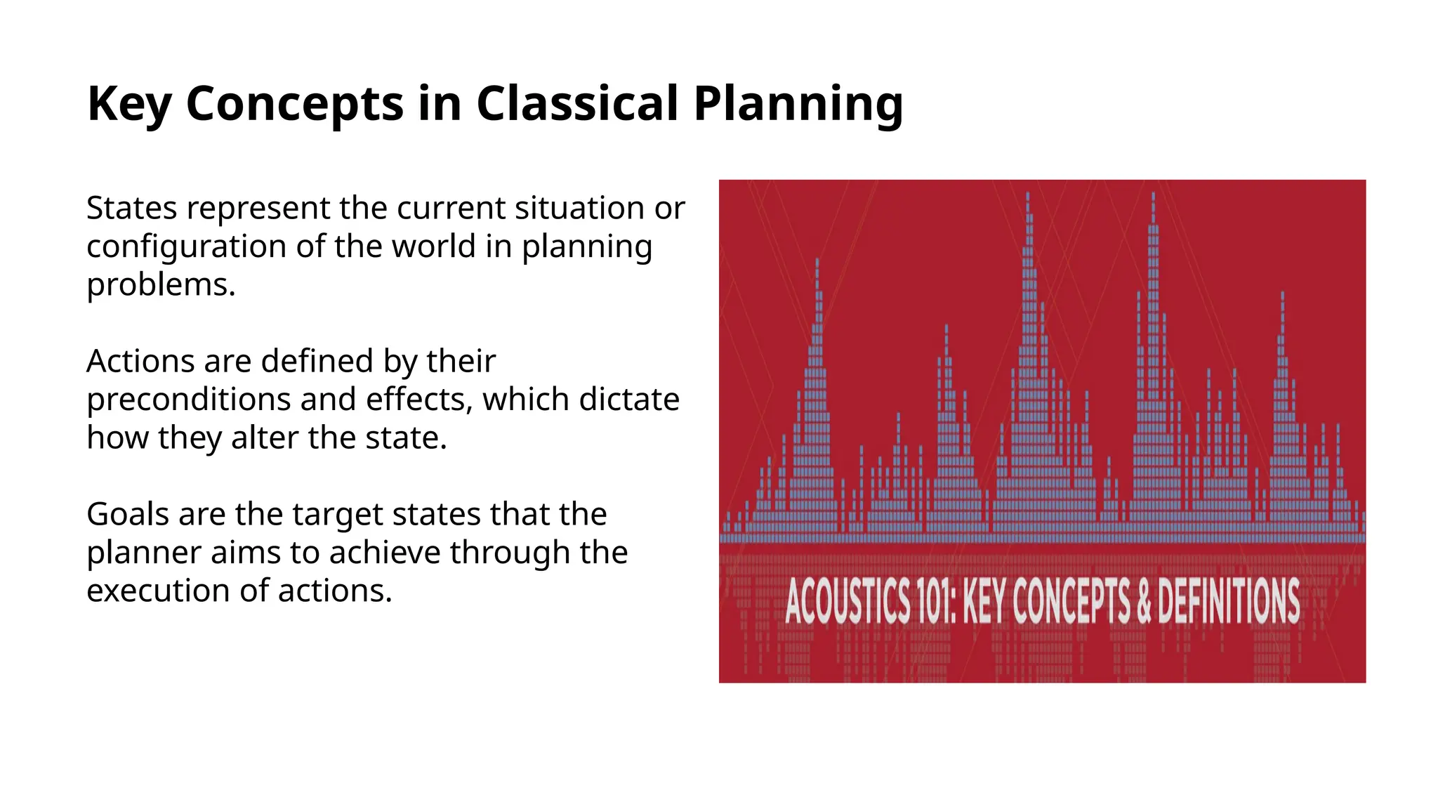 Key Concepts in Classical Planning
States represent the current situation or
configuration of the world in planning
problems.
Actions are defined by their
preconditions and effects, which dictate
how they alter the state.
Goals are the target states that the
planner aims to achieve through the
execution of actions.
 